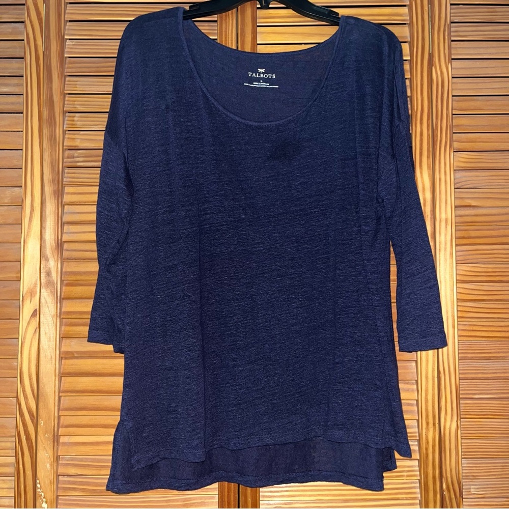 Talbots 3/4‎ Sleeve Blue Linen Top Size Large